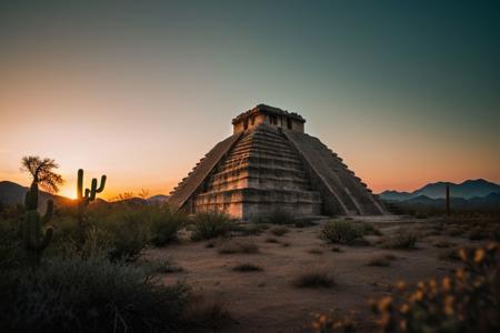 (tall ancient stone towers; 1.39) (ziggurat temple complex emerging from landscape: 1.39) raw photo, a sunset landscape, Arizona desert, Saguaro Cactus, Tall Mesa,  cozy, photorealistic, high detailed texture, 8k uhd, dslr, soft lighting, high quality, film grain, (Fujifilm XT3, Sony A7 IV: 1.19), highly detailed photography, (muted colors, cinematic, dim colors, soothing tones:1.2), vibrant, insanely detailed, hyperdetailed, (dark shot:1.2), (vsco:0.3), (intricate details:0.9), (hdr, hyperdetailed:1.2) (highest coherency: 1.39) (highest quality: 1.39) (rule of Thirds) (award winning) (breathtaking) (masterclass) (vibrant color: 0.79) (distant hillside) (cinematic lighting, David Park, lights,) (purple-green glow)