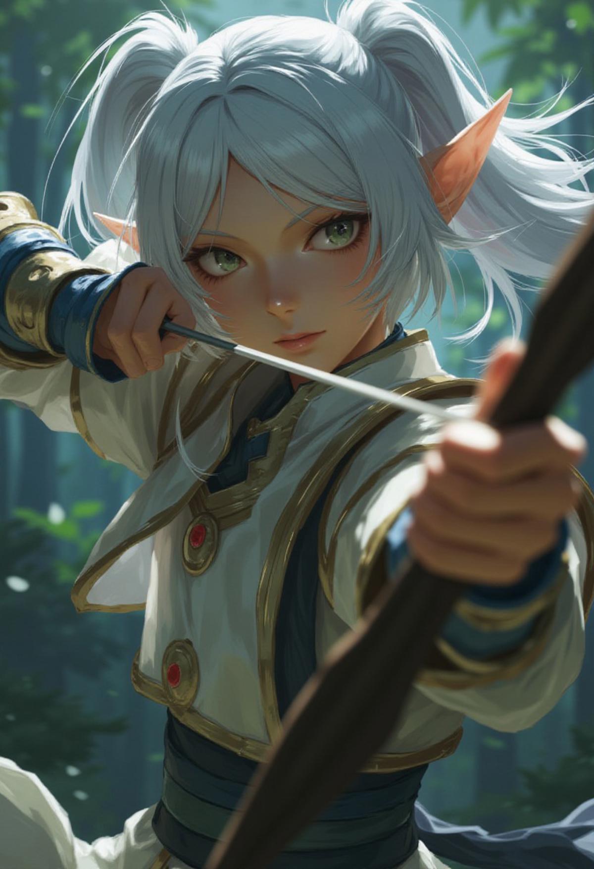 wuxia, a beautiful girl, nereirfpnxl, frieren, elf, pointy ears, green eyes, white hair, twintails, striking, cinematic close-up of a fierce girl drawing a bow, her posture full of strength and grace. She is poised to release an arrow, her eyes focused with intense determination. The background hints at a fantastical landscape, with ethereal light filtering through a misty forest. She wears a warrior’s outfit, blending elegant armor with flowing fabrics, designed with intricate details that reflect both beauty and strength. Her hair flows in the wind, adding movement to the scene. The lighting emphasizes her features, casting a heroic glow around her, highlighting her as a powerful and inspirational figure. The overall atmosphere is epic, blending realism with a touch of fantasy, capturing a moment of intense focus and readiness.