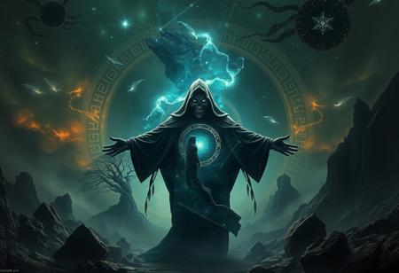 A universe inside a dark cloaked figure within mysterious landscape in an unfathomable realm of fantastic creation inhabited by ancient shadows of a forgotten time beyond the gate of the gateless gate where life is limitless, light is shadow and shadow is light, eerie sense, horror, spark of the beginning, existence and nonexistence at once, ethereal, outstretched arms, behold the end of the beginning, inglorious glory to the dark one, betrayal of the ancient order, beware the 7headed beast, destroyer of the old ways, bearer of the unbearable, nightmarish, archaic runes, tree aging backwards, breath of the gods, ruins of a place unimagined, extreme intricate detail, photorealistic, beyond epic scene, fate discarded, unseeable face of god, the end is the beginning, the beginning is the end, man arises as god dies, as above so below, as below so above, emerald tablet, thoth, guardian and saboteur of existence, hopeless hope, ghosts of the unborn, conception of the inconceivable, cosmic well of imperceptible perception, evil aura, infinite emptiness, pillars of void, overwhelming subtlety, abstract sacred geometry, beams of readiness without intention, gift of doom, despair of the ages, hidden secret warnings from dead gods, carved by the conductor of unholy loneliness of time incarnate, consumed by the night itself, beautiful tragedy of hellish discovery, unraveling mist of unreal reality, philosophers stone, proclaim the nameless name of collapsed eternity