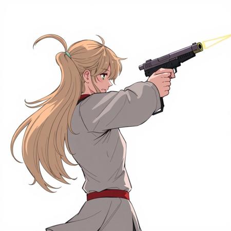 A girl firing a gun. Her tail wiggles up and down. There is a small breeze flowing though her hair.