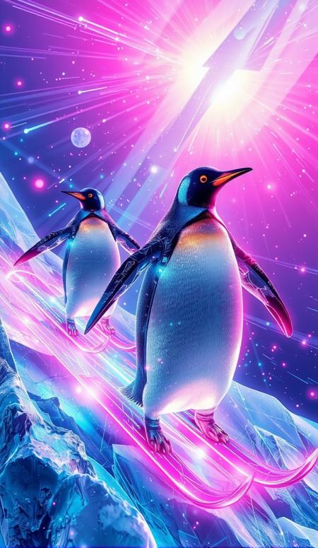 egmid,"Futuristic digital illustration: Sleek cyborg penguins ski through data streams on crystalline glacier. Bodies composed of flowing lines of code and elegant circuitry. Holographic interfaces ripple around them. 3D-rendered ice shards morph into geometric patterns. Rainbow particle effects create sense of speed. Minimalist yet intricate design, accented by pulsing LEDs. Digital nature fusion."