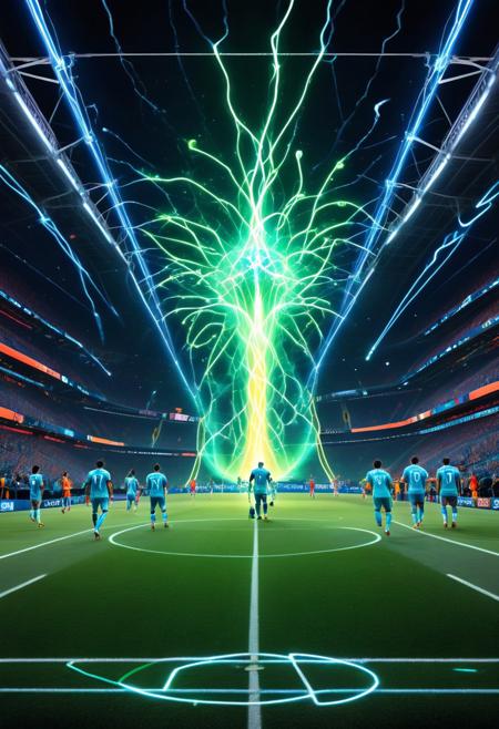 Under a golden, celestial glow, a surreal football game unfolds as players move gracefully, leaving shimmering light trails with every step. The field pulses with bioluminescent energy, its glowing green blades synchronising with the rhythm of the match.The golden football, emitting a bright light, streaks across the field like a shooting star, emitting sparkling bursts of brilliance upon impact, briefly illuminating the players' focused expressions.
The players' uniforms are imbued with luminous threads that exhibit dynamic shifts in hue, seamlessly blending with the ethereal light that envelops the stadium.Hovering above are radiant, firefly-like entities, intermittently flitting between players as if offering encouragement.The goalposts, crystalline and radiant, refract light into dazzling patterns, further enhancing the game's otherworldly allure.
The crowd further enhances the spectacle by means of luminous flags and bursts of light accompanying their cheers, thereby creating ripples of energy that fill the stadium.This extraordinary match thus transcends the ordinary, merging athleticism with celestial wonder to create a luminous celebration of human spirit and cosmic beauty, leaving an unforgettable impression on all who witness it.