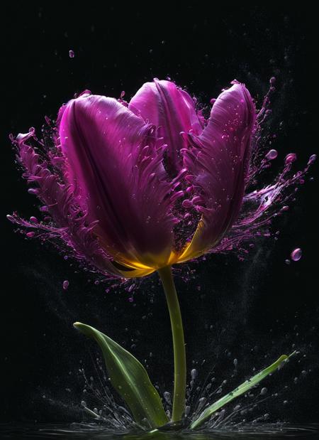 Splashing water, robust bioluminescent vivid magenta tulip on handsome green foliage, fireflies, fabulous night forest, magical radiance, Concept art, depth of field, realistic, cinematic lighting, soft shadows, asymmetrical fractal, colorful, vivid yellow and navy colors, volumetric lighting, wind, particles floating on the breeze, broad petals falling, ink stains, ink splatters, ink runs, ink spots, faded ink linquivera