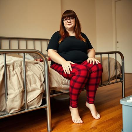 A full body shot of a chubby adult Scottish woman with long straight bangs, glasses, a black t-shirt, and red flannel leggings. She is barefoot sitting  the side of a metal bed in a bedroom with hardwood floors. Warm lighting,
