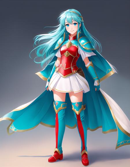 FEH, FEH-Style, Fire Emblem, Fire Emblem Heroes, Eirika (Fire Emblem), Eirika (Fire Emblem: Heroes), 1girl, eirika (fire emblem), long hair, solo, armor, skirt, zettai ryouiki, thighhighs, gloves, breastplate, cape, full body, jewelry, boots, fingerless gloves, blue eyes, simple background, looking at viewer, smile, white skirt, short sleeves, sidelocks, aqua hair, earrings, bangs, red footwear, thigh boots, shoulder armor, red gloves, standing, red thighhighs, closed mouth