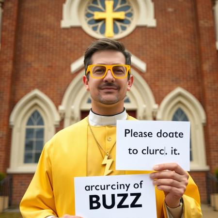 Man wearing yellow glasses and a yellow priest uniform in front of church which has a gold lightning bolt symbol instead of cross, he is wearing golden lighning bolt symbol necklace prominently visible, he is holding sign with text "Please donate to church of BUZZ"