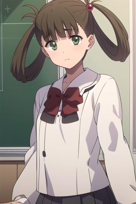 hikarikuroda, <lyco:hikarikuroda-lyco-nochekaiser:1>,
hikari kuroda, bangs, (brown hair:1.5), hair ornament, twintails, (green eyes:1.5), hair bobbles, hair rings,
BREAK school uniform, long sleeves, bow, red bow,
BREAK looking at viewer,
BREAK indoors, classroom,
BREAK <lyco:GoodHands-beta2:1>, (masterpiece:1.2), best quality, high resolution, unity 8k wallpaper, (illustration:0.8), (beautiful detailed eyes:1.6), extremely detailed face, perfect lighting, extremely detailed CG, (perfect hands, perfect anatomy),