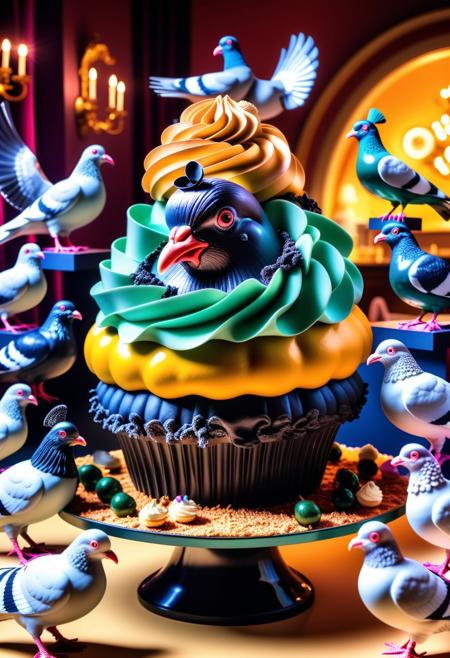highly detailed, vibrant colors, a giant cupcake made of obsidian jade frosting being eaten by a group of fancy pigeons wearing monocles and bowties, epic lighting, humorous luxury, childish elegance, absurd food fantasy