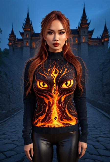 FireDarkstyle, Cambodian woman, asian features, long hair, huge boobs, small waist, fitness body, toned muscle, wide hips, An extreme photorealistic upper body shot of a cat girl with mesmerizing golden eyes and slit pupils. She has long, flowing two-tone hair, FireDarkstyle hair with striking unrealistic beauty. red lips, the skin has tiny imperfections like pores, faint freckles, and slight skin texture variations to add realism. Realistic lip texture with soft lines, slight gloss, and natural color variation. Realistically detailed tear ducts, slightly moist, enhancing the natural appearance of the eyes. Faint, barely visible veins under the eyes, adding depth and authenticity to the skin. Individually rendered eyebrow hairs with natural variation in direction, length, and thickness. Variation in hair strand thickness, with some thinner and finer than others, Gothic castle, lively, luminescent, Majestic castle, big eyes, fully dressed, (FireDarkstyle printed silksweater:1.8), (FireDarkstyle painted castle:1.4), (outdoors:2), CZC, FULL BODY, CLOTHED, hands behind the head, agile pose, dynamic pose, (action:1.6), rinami_a_xl, light brown hair, single hair bun, swept bangs, sidelocks, long hair.