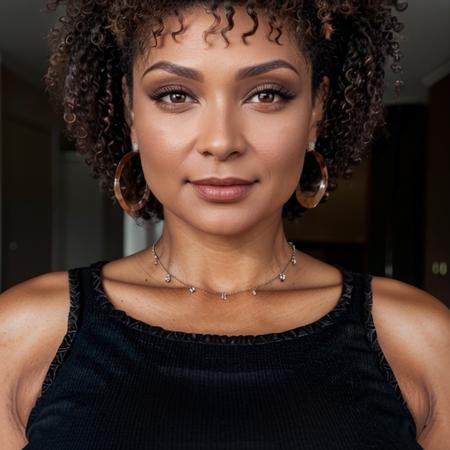 <lora:FranciellePimenta:0.8>francielle, a woman with a black top and a brown top and a necklace and a necklace,  (closeup photo), (perfect face), bokeh, 135mm, 8k, super detail, ccurate, best quality