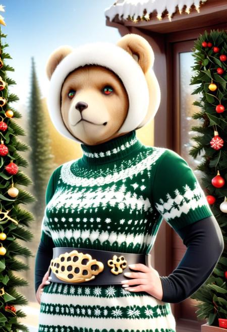 (bear:2) score_9, score_8_up, score_7_up, score_6_up, score_5_up, score_4_up, cose-up, face focus, upper body, semi side view, UHD, 8K, masterpiece, detailed, ultra_high_resolution, lots of detail, OverallDetailXL, detailxl, regalres, Masterpiece, 32k, photorealistic:1.4, score_9, score_8_up, score_7_up, Caitlin, (small waist:2.9), fitness body, toned muscles, wide hips, slender legs, high cheekbones, oval face, 27 years old, mature female, milf, makeup, curvy, garden, pretty face, jewelry, Christmas dress, black belt,, solo, lillybunz, big bright eyes, beautiful eyes, fully dressed, high turtle neck, outdoors, hands hidden, short sleeves, hands behind the back, wrinkles, blonde, smiling, 1girl, closed dress, high neck closure, fully dressed, long dress, nutcracker,  (green:1.5), <lora:Ugly_Christmas_Sweater:1> uglyxmas,
