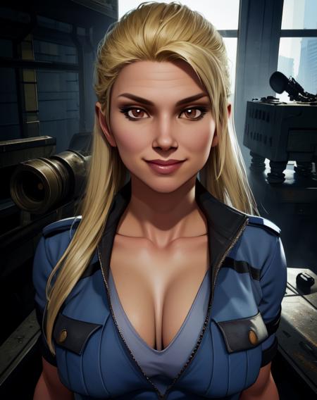 sonyamk11, blonde hair, looking at viewer,  blue shirt,  long hair,  brown eyes, 
cleavage,  
upper body, standing, smile, military base, 
(insanely detailed, beautiful detailed face, masterpiece, best quality) <lora:Sonyamk11-10v6:1>