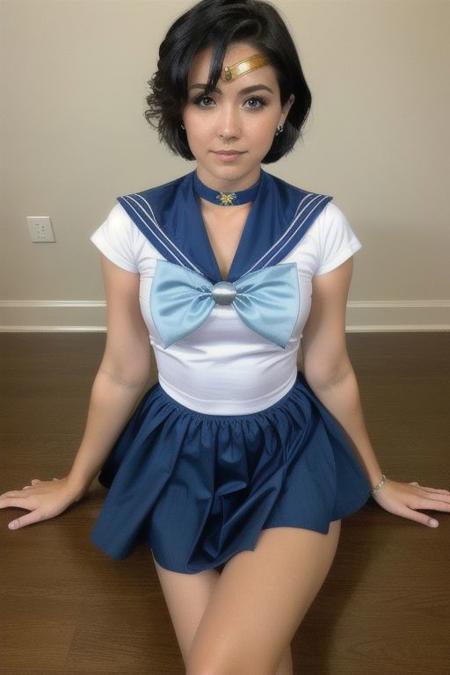 Instagram photo, skinny little sailor mercury, mer1, tiara, sailor senshi uniform, blue sailor collar, bow, knee boots, choker, white gloves, blue choker, elbow gloves, jewelry, earrings, blue skirt, (perfect detailed eyes), extremely detailed irises, eye contact, tan lines, perfect skin, beautiful short fingernails, 8k, extreme detail, high resolution