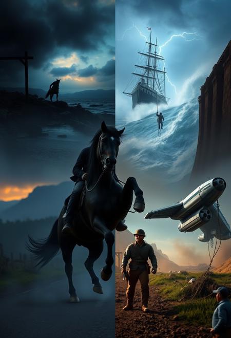 A powerful, multi-scene composition capturing the essence of four lives across different eras, each connected by the spirit of the Highwayman.
**First Scene:** A dark, misty road at dusk with a lone highwayman on horseback, his figure partially obscured by shadows. The horse rears as they approach a distant gallows, the tension palpable as he rides into danger.
**Second Scene:** A storm-tossed ship battles through towering waves under a stormy sky. A determined sailor clings to the rigging as lightning splits the darkness, the ship fighting against the fury of the sea.
**Third Scene:** A vast, dusty construction site during the Industrial Revolution. A rugged worker stands before the unfinished hoover dam, surrounded by heavy machinery. His face reflects the hardship and sacrifice of building this monumental structure.
**Fourth Scene:** A sleek spacecraft drifts through the cold void of space, damaged but resilient. A lone astronaut floats outside, tethered to the ship, making critical repairs against a backdrop of glowing nebulae, symbolizing the endless frontier of exploration.