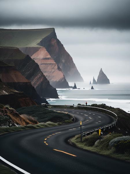 <lora:VerticalLandscapes:1>a person standing on the side of a road near the ocean