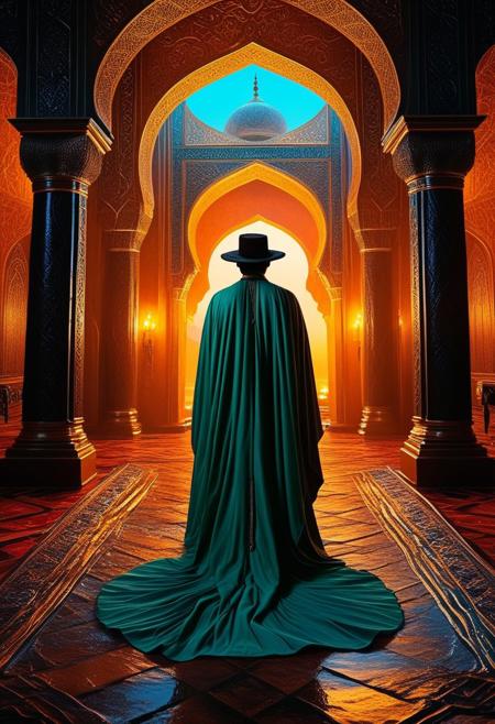 In a lavish Arabian palace, a sultan in opulent robes conducts a forbidden ritual, summoning a demonic entity. The demon, a figure of smoldering shadows, offers untold riches in exchange for unspeakable sacrifices., 
Inspired by the adventurous spirit of 'Indiana Jones' and infused with the ominous, otherworldly mystique of H.P. Lovecraft's universe. Picture a setting that merges the charm and camp of 1980s adventure films with the eerie, dreamlike quality of Lovecraftian horror. Visualize scenes where subtle yet powerful magic underlies the reality, evoking a sense of ancient, unfathomable forces lurking beneath everyday appearances. This blend captures the essence of a surreal, 80s-style cinematic world where every corner hides a hint of mystical wonder and dark, arcane secrets