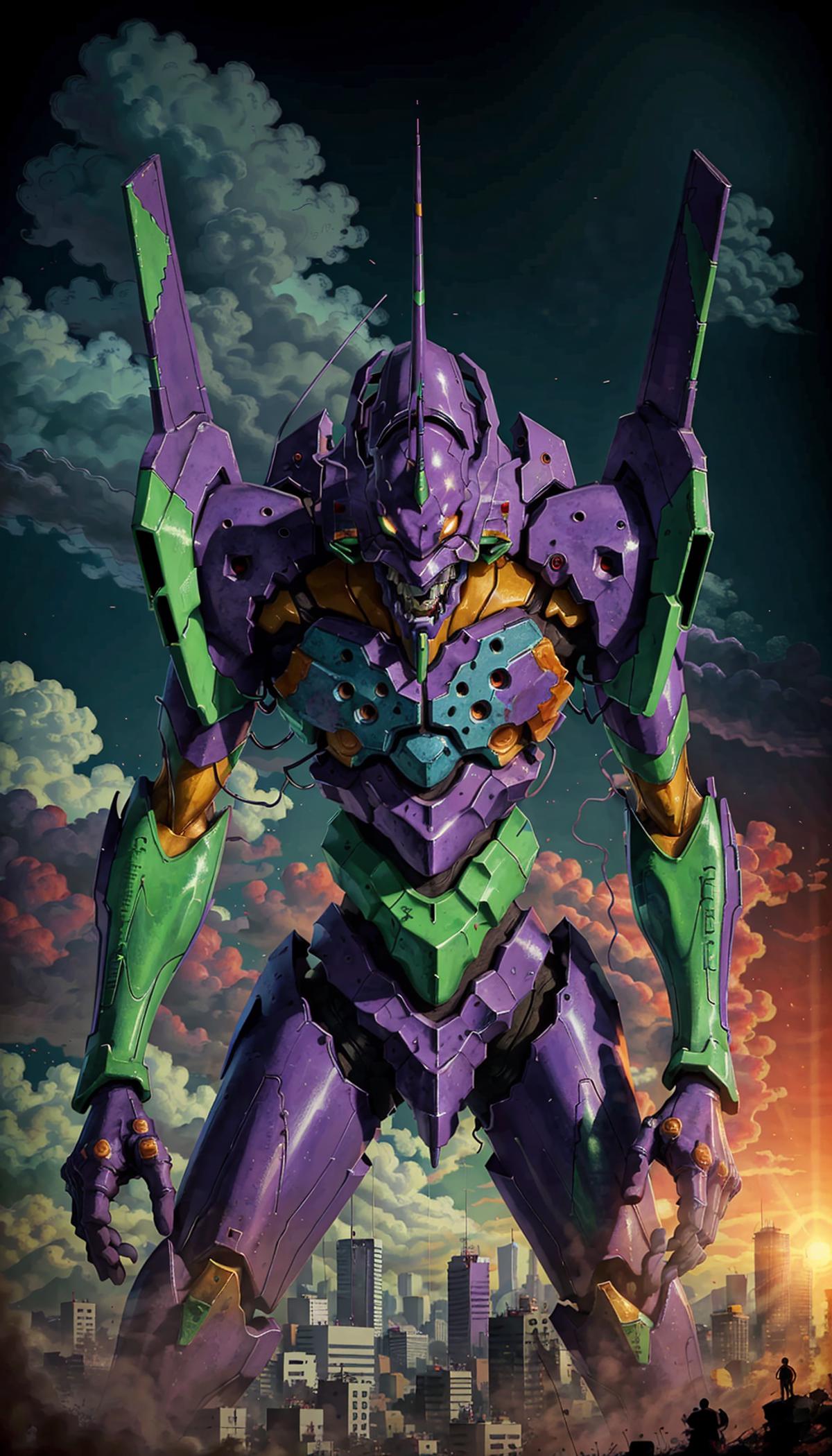 A giant purple robot with green arms and yellow legs stands on a cloudy day.