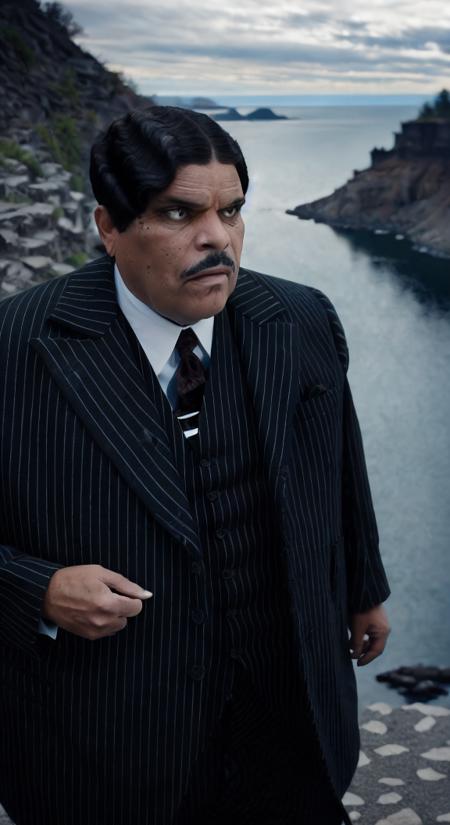 gomez addams (sharp focus:1.2), full body photo, man on a (cliffside:1.2). (moody lighting:1.2), depth of field, bokeh, 4K, HDR. by (James C. Christensen:1.2|Jeremy Lipking:1.1).