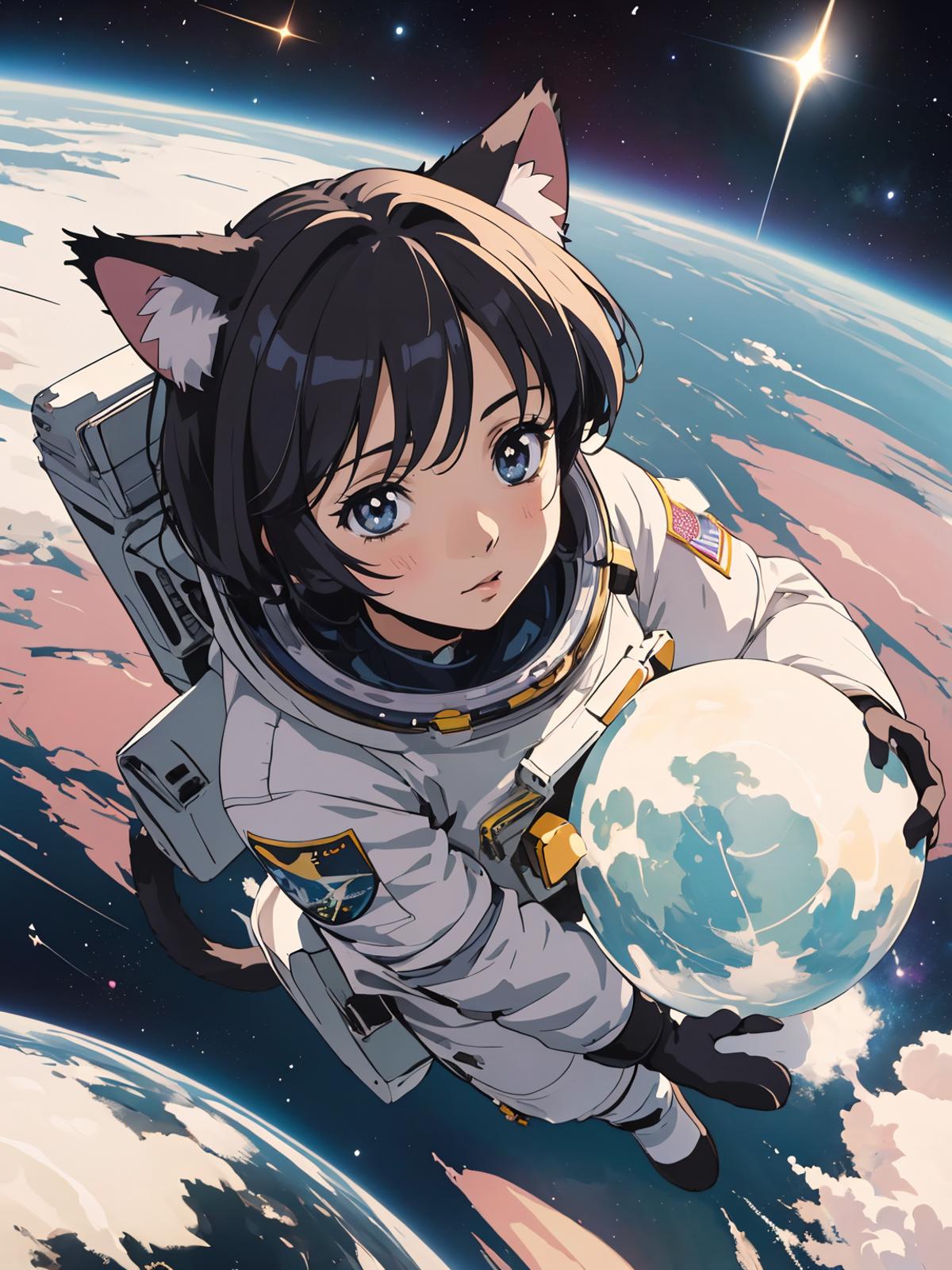 A Cute Anime Cat Astronaut Holding a Globe.