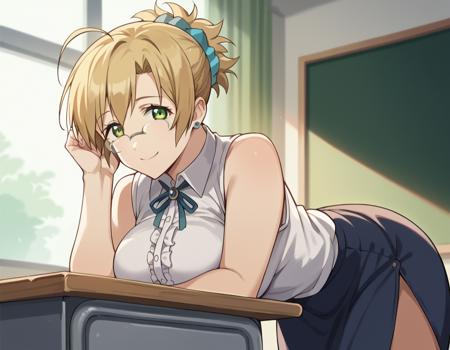 misakisensei, <lora:misaki-sensei-ova-ponyxl-lora-nochekaiser:1>, misaki, blonde hair, large breasts, green eyes, glasses, ahoge, short hair, scrunchie, hair scrunchie, skirt, jewelry, earrings, teacher, skirt, sleeveless, collared shirt, frilled center, frills, ribbon, white shirt,