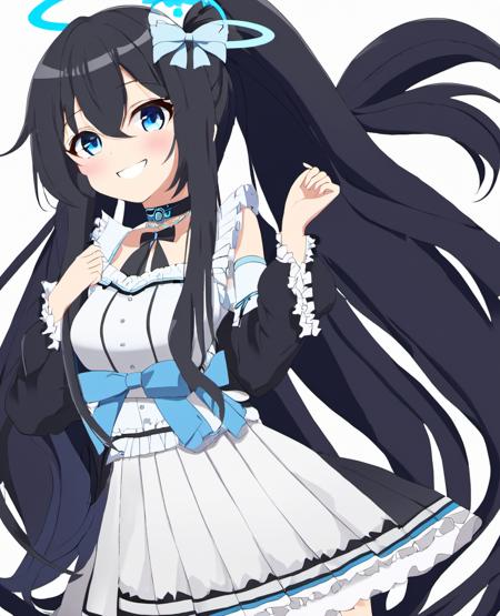 1girl, absurdly long hair, absurdres, aris (blue archive), black hair, blue archive, blue eyes, bow, bow choker, choker, concert, detached sleeves, dress, frilled skirt, frills, hair between eyes, hair bow, hair ribbon, halo, hand on own hip, highres, hrna, idol, long hair, long sleeves, looking at viewer, official alternate costume, pleated skirt, ponytail, ribbon, ribbon choker, side ponytail, sidelocks, skirt, smile, solo, standing, very long hair, white dress, zoom layer, masterpiece, best quality, cinematic composition, best lighting