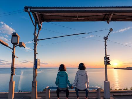 masterpiece, best quality, ultra-detailed, illustration,
shimonadaeki, outdoors, sitting, sky, scenery, ocean, from behind, 2girls, horizon, power lines, multiple girls, black hair, holding hands, short hair, cloud, 1boy, hood, blue sky, pants, sunset, utility pole, facing away, train station
 <lora:shimonadaeki:1>