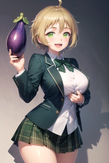 (extremely detailed CG unity 8k wallpaper), (masterpiece), (best quality), (ultra-detailed), (best illustration), (best shadow), (absurdres), 1girl, solo, <lora:minori:0.8>, ahoge, large breasts, wide hips, school uniform, jacket, green bowtie, jacket, green plaid skirt, looking at viewer, smile, :d, open mouth, hands together, (holding eggplant, eggplant:1.2)