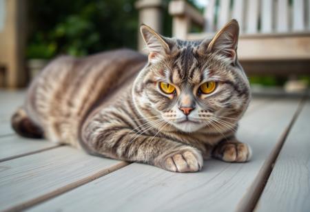 a close-up photograph of a Scottish Fold cat lying on a wooden surface, the cat is a medium-sized breed with a soft, silky coat of grey fur, characterized by vertical, horizontal stripes of varying shades of grey, its eyes are bright yellow, with a serious, happy expression, and its nose is slightly upturned, giving it a sultry appearance, its ears are small and pointed, and it has a small, pinkish-brown patch on its forehead, the background is blurred, but it appears to be an outdoor setting with greenery and a hint of a wooden structure, possibly a bench or a table, in the distance, the wooden surface is weathered and has a light gray color, with visible grain patterns, the overall mood of calm and serene, with the cat positioned slightly off-center, making it the focal point of the image, the lighting is soft and natural, enhancing the texture of the wood and the cat's fur, a close-up portrait of a cat, captured in a relaxed pose on a wooden deck. The cat's fur is a mix of gray and white stripes, with its eyes being a striking shade of amber. The background is blurred, emphasizing the cat as the main subject, and the deck appears to be made of dark wooden planks. The overall style of the image is candid and natural, capturing the essence of the cat in its environment, credit to lo_fi, (grumpy:-1.5)