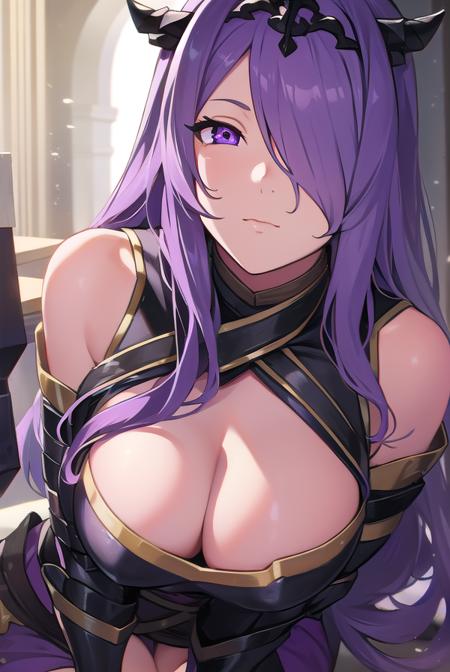 camilla, (hair over one eye:1.5), long hair, (purple eyes:1.1), purple hair, wavy hair, armor, armored boots, black armor, boots, gauntlets, grey footwear, knee boots,