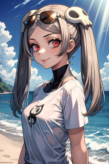 1girl, solo, beach, upper body, looking at viewer, :P, skg_marie, white t-shirt, sunglasses, skull hair ornament, twintails, light rays, glow, (masterpiece), wallpaper,  <lora:marie_v1-000005:1>