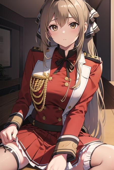 isuzusento, <lora:isuzusentotest:1>, 
isuzu sento, ahoge, (brown eyes:1.7), light brown hair, long hair, ponytail, hair ribbon, ribbon, (medium breast:1.2),
BREAK aiguillette, ankle boots, black ribbon, black skirt, boots, brown footwear, cross-laced footwear, frilled skirt, frills, jacket, lace-up boots, military, military uniform, pleated skirt, (red jacket:1.5), skirt, thighhighs, uniform, white thighhighs, white ribbon, buttons, sleeveless,
BREAK looking at viewer,
BREAK indoors, classroom,
BREAK <lora:GoodHands-vanilla:1>, (masterpiece:1.2), best quality, high resolution, unity 8k wallpaper, (illustration:0.8), (beautiful detailed eyes:1.6), extremely detailed face, perfect lighting, extremely detailed CG, (perfect hands, perfect anatomy),