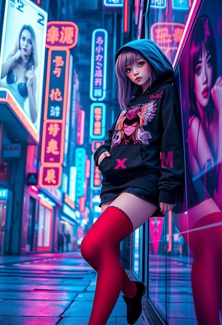 cyberpunk anime style, sci-fi female goth girl in hoodie with anime print design, full body view, short skirt, thigh-high stockings, leaning against a wall on a cyberpunk street, with neon signs and large adverts featuring supermodels, red and blue colour theme