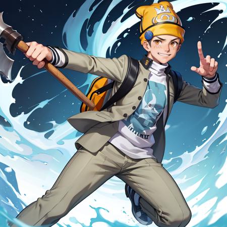 masterpiece, best quality, looking at viewer, 1boy, solo, smirk,  <lora:Mark:1>, markp1, beanie, school uniform, pants, shirt, backpack, axe, holding axe, fighting stance,