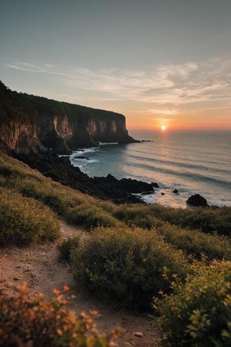 raw photo, a sunset landscape, Valdivian temperate forests coast, Chilean coast,  cliffs, cozy, photorealistic, high detailed texture, 8k uhd, dslr, soft lighting, high quality, film grain, Fujifilm XT3, Sony A7 IV, highly detailed photography, (muted colors, cinematic, dim colors, soothing tones:1.2), vibrant, insanely detailed, hyperdetailed, (dark shot:1.2), (vsco:0.3), (intricate details:0.9), (hdr, hyperdetailed:1.2) (highest coherency: 1.39) (highest quality: 1.39) (rule of Thirds) (award winning) (breathtaking) (masterclass)