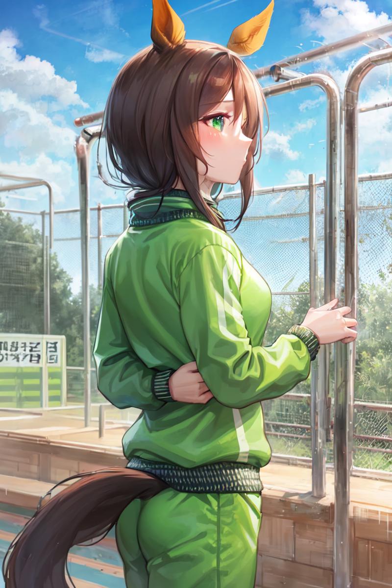 masterpiece, best quality,
looking away, fence,
hayakawa tazuna, horse ear, horse tail,
gym uniform, track suit, green jac...