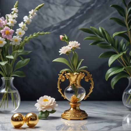 photo, 8k portrait (Cinematic Photo:1.3) of (Masterpiece:1.3),(Lonely:1.3) flowers, Bling, gold, HD, Photo, in Marbles, Puzzle, Toy, table,Highly Detailed,(80s Art:1.3),(Classical Realism:1.3)