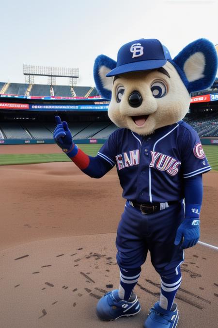 ((best quality)), ((masterpiece:1.2)), (extremely detailed:1.1), (8k, high quality, cinematic, hyper realistic) <lora:epiNoiseoffset_v2-pynoise:0.3> (rim lighting) , immersed in the beautiful lights,  
BREAK,
doala, mascot, baseball cap,baseball uniform,open mouth,looking at viewer, baseball stadium
<lora:Doala-100epochs-V1:0.7>