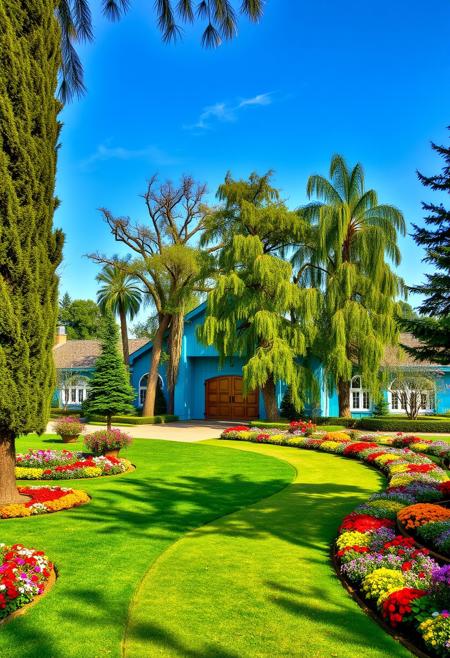 This is the southwestern part of the gardens where the path bends from the
south to the east.  Tall trees sway in the wind and colorful flowers lie in
thoughtful arrangements.  Where the trees get thicker to the west marks the
border of the grounds.  To the south is the entrance to a large sky-blue
building.  The entrance is blocked by a huge oak door.