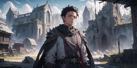 (intricate detail, detailed background), 1boy, (solo:1.3), black hair, upper body, fantasy, traveller, desolate, scenery, spiked hair, outdoors, closed mouth, looking away, <lora:[LoRa] Clearlight æ¸å Concept (With multires noise version):1>, <lora:StyleBuff_v1 - stylebuff:0.4>, <lora:add_detail:0.3>