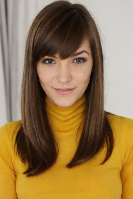 Photo of h0llym1ch43l5 woman, detailed face, yellow turtleneck blouse, slight smile