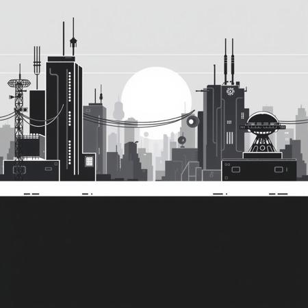 Monochrome pixel art high-tech background, inspired by the Chrome Dino game. Minimalist 8-bit style with clean, black-and-white design. Elevated flat ground with a futuristic, sci-fi cityscape in the background. Blocky skyscrapers, antennas, glowing panels, and cables stretching between buildings. Distant satellite dishes and robotic structures. Ground remains simple with a smooth, slightly elevated surface, maintaining the original Dino game's aesthetic. Low resolution, simple shading, clean outlines, retro side-scrolling platformer style.