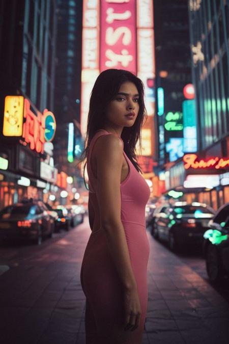 In a low-key style with the grainy texture of expired film, the photo offers a close-up view from above of a photo-realistic close-up medium shot of a beautiful girl's figure standing tall in front of large windows in a tall building, depicted in full body, gently cradling a perfumed bottle. The attention to detail captures every nuance of the subject's features and attire, creating a lifelike representation that almost breathes with realism. Against the backdrop of vibrant, full-color, saturated neon city lights, the scene comes alive with a plethora of hues and tones, infusing warmth and urban energy. The subject's expression exudes a sense of calm amidst the bustling cityscape. Bathed in the dim neon-colored light of the blacked-out large window showcasing the city's glowing neon signs, the scene is a captivating mix of dramatic shadows, heightened by a subtle rim light tracing along her silhouette, and accentuated by a soft hair light adding dimension and allure to her hair strands.