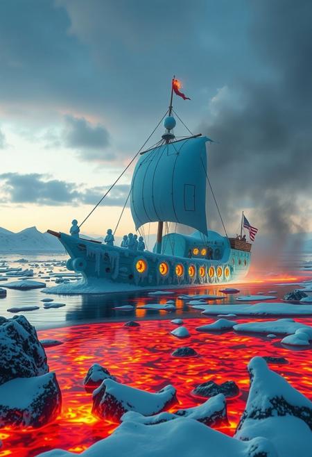 magma lake, heat, flames, lava, BLUE ICE ship, MELTING PARTS, The crew is a group of snowmen, a ship that is made out of ICE, the ship is forming out of a wavE OF STEAM very surrealistic in another universe, unrealistic, SAILING IN A SEA OF MAGMA, fire fishs jumping from the magma, rocks, melt