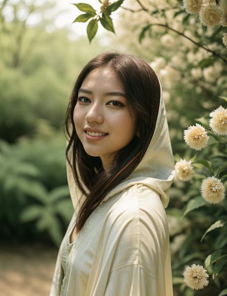 s0n0m1 photo of (s0n0m1) woman, RAW, nature, Turtleneck, Spectacular light, Colorful flowering, 8k, soft lighting, high quality, film grain, Olympus OM1 sharp focus, f 3.4, (eye shadow), (eyeliner), upper body, smile, Against the light, Cloak, asiatic, asia, oriental