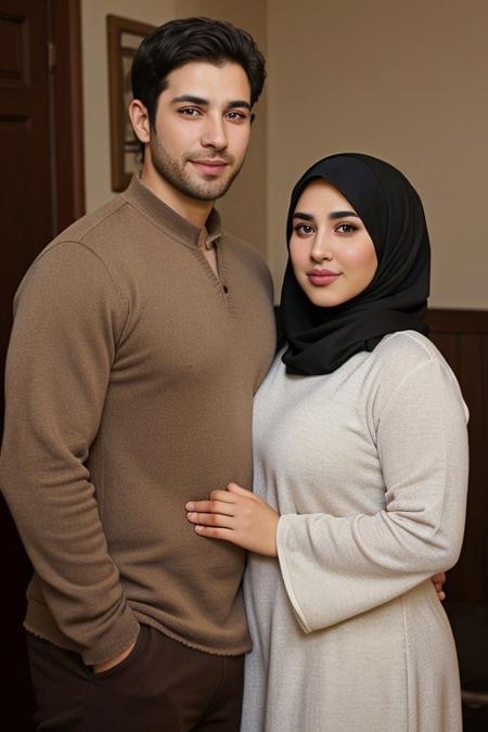high quality, Algerian, traditional clothes, happiness, smile,  brown eyes, dark hair, 1male, DILF, rough looking, manly face, strong facial features, full beard, thick hair, hairy chest, hairy body, 1female, huge tits, big boobs, curvy body, big Cleavage, wide hips, thick hips, hijab, soft focus, soft light, 2characters, 2peoples, straight couple, couple,