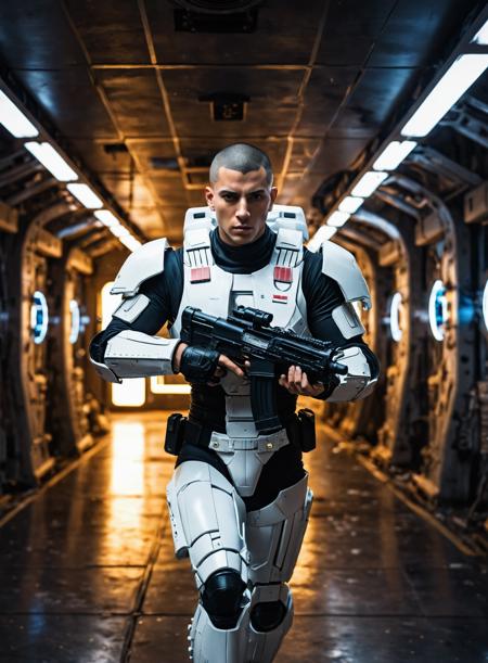 handsome,male,Lebanese,Mexican,buzz cut,27 years old,(muscular:0.5),indoors,running,white sci-fi battle armor,desolate spaceship,Nostromo,futuristic pulse rifle,military,science fiction,realistic photograph,cinematic_lighting,night,