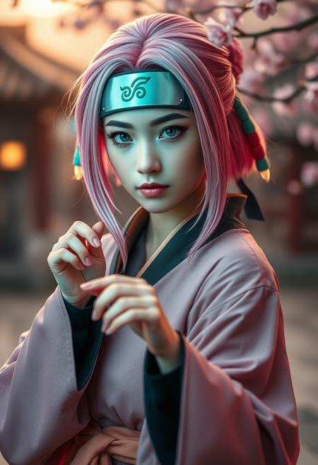 Elegant young adult lady cosplay Sakura Haruno of Naruto in detailed Sakura Haruno ninja outfit, pink hair, headband, healing jutsu stance, focused expression, Konoha village backdrop, serene and mystical atmosphere, high-end cosplay portrait style, soft ethereal lighting with green healing glow, pastel color scheme with pops of cherry blossom pink, Canon EOS R5 for high resolution detail, 85mm lens for beautiful bokeh,