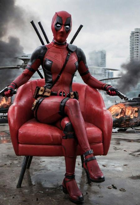 hyperrealistic art (((busty girl deadpool sit on red chair in front of burning helicopter, chaos))), ((reflections, exploding buildings, storm, wet)), slim body, (huge breasts), (breasts bursting out of costume), (full mask, full costume with cleavage cut away), extremely high-resolution details, photographic, realism pushed to extreme, fine texture, incredibly lifelike, huge tits