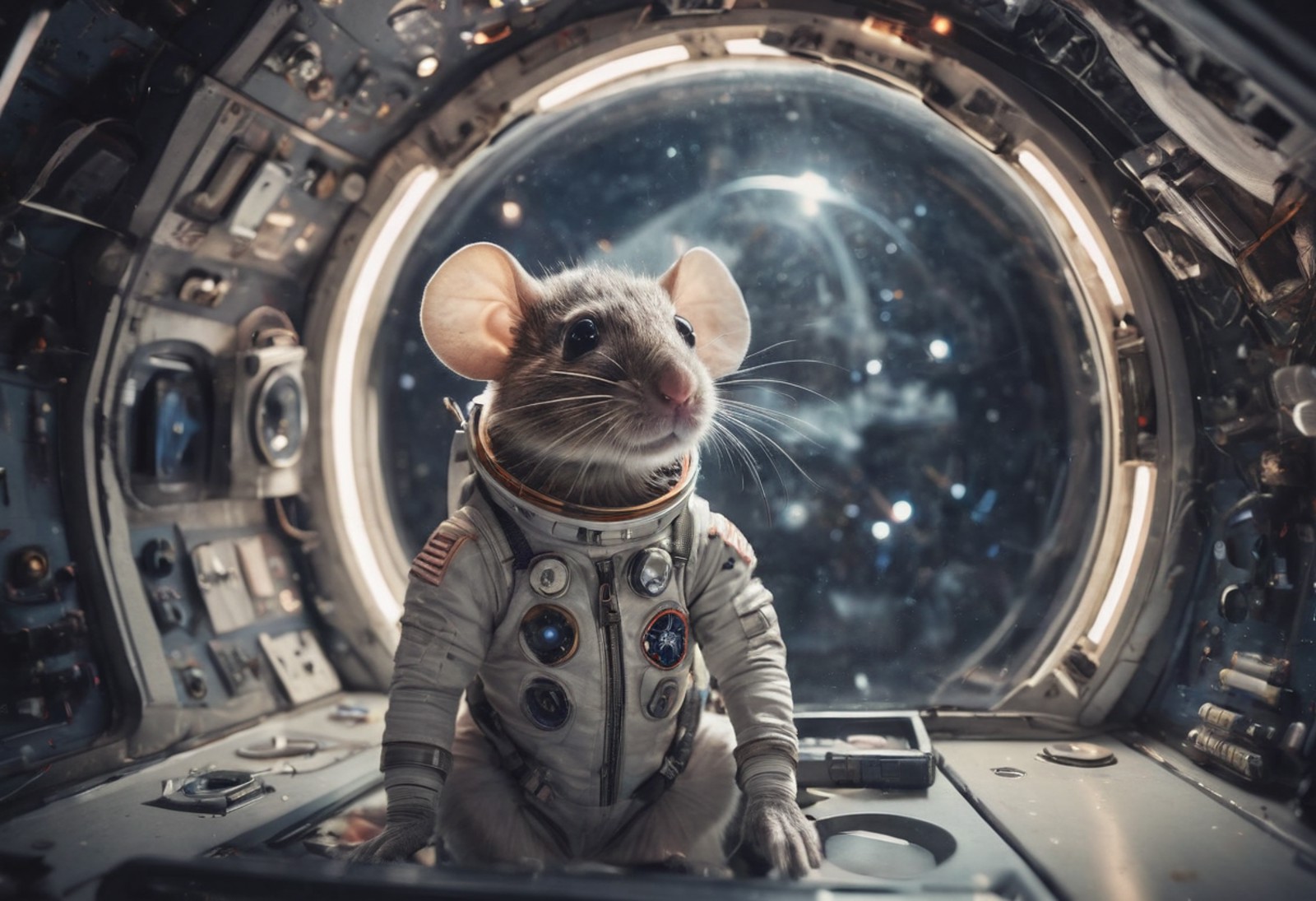 A captivating photograph featuring an astronaut mouse aboard a futuristic spaceship, evoking the wonder of space explorati...
