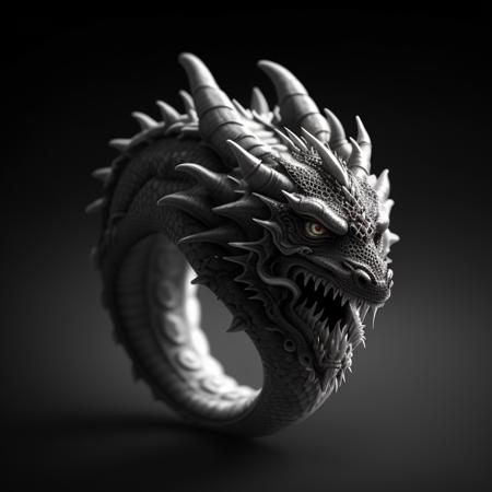 masterpiece, best quality, octane render, hdr,
no humans, simple background, black background, grey background, depth of field, gradient background,
(ring), silver, intricate detail, Dragon on ring, (Dragon body),
<lora:ElderRing:1>